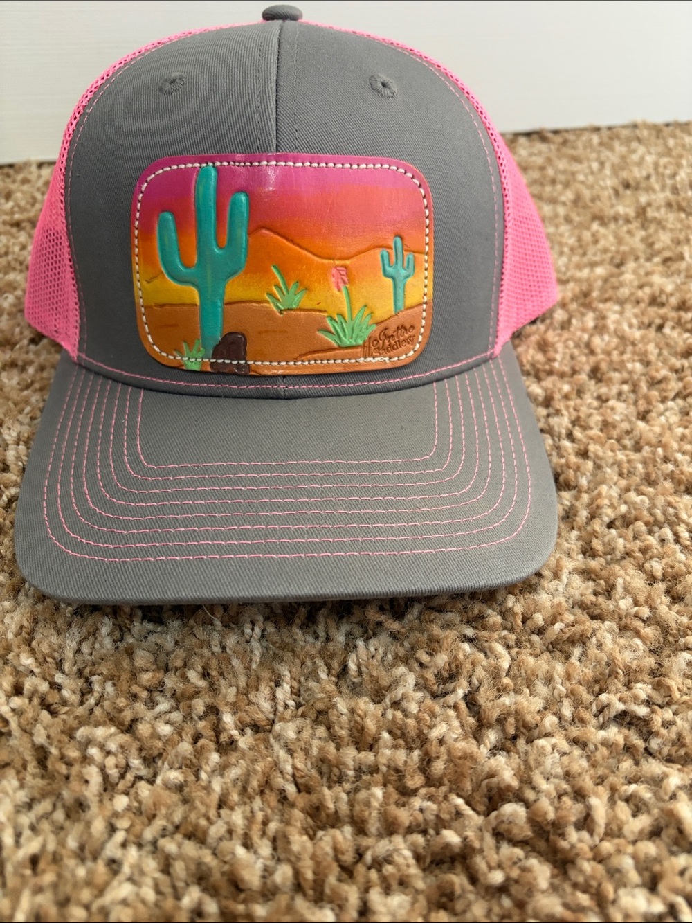 Gray and Pink Trucker Hat with Colorful Desert Patch